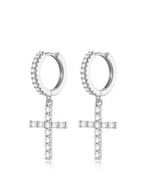 Sterling Silver CZ Cross Huggie Hoop Earrings